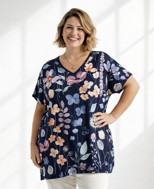 ULUBIONA  wiskozowa tunika plus size KWIATY granatowa