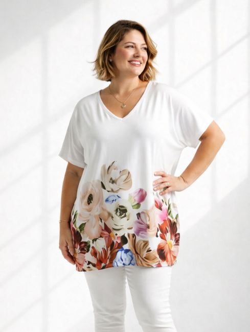 ULUBIONA  wiskozowa tunika plus size KWIATY ecru