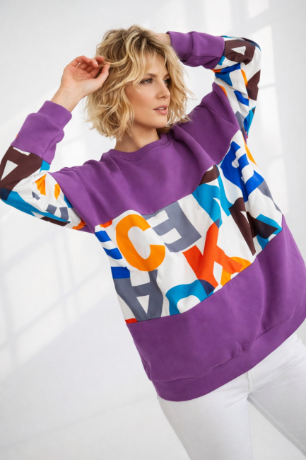 Bawełniana bluza oversize plus size LITERKI fioletowa