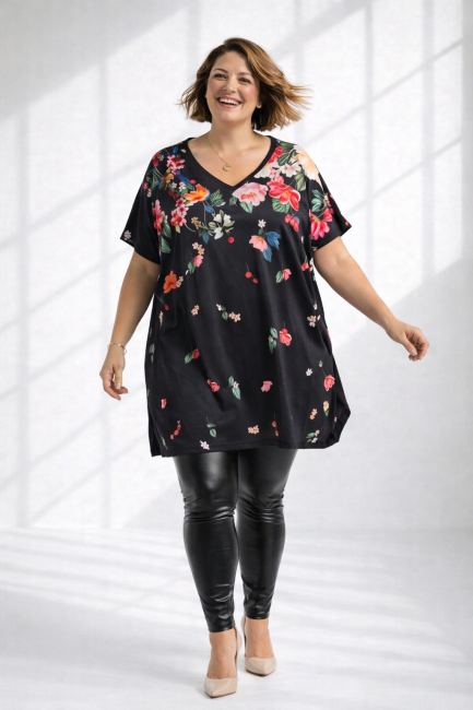 ULUBIONA  wiskozowa tunika plus size KWIATY czarna