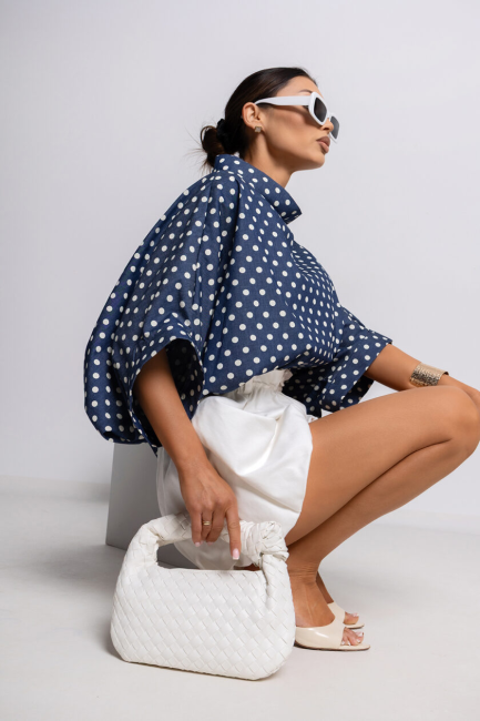 Tunika  oversize plus size  KIMONO DOT granatowo biała
