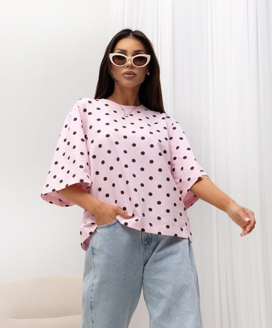 Bawełniany t shirt oversize  KROPKI różowy