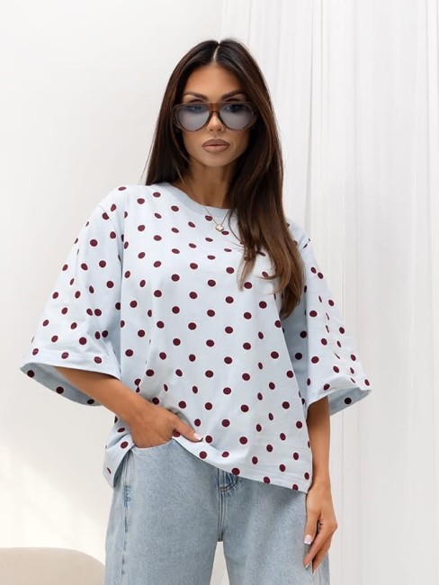 Bawełniany t shirt oversize  KROPKI niebieski