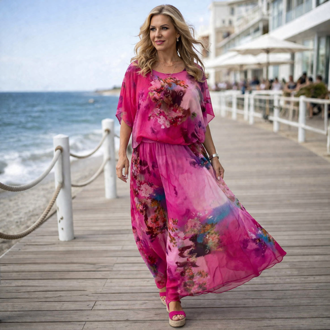 Komplet bluzka i spódnica z jedwabiem fuksja