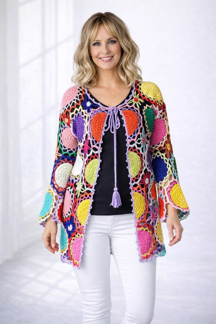 MISS MANDALA artystyczny szydełkowy kardigan premium  