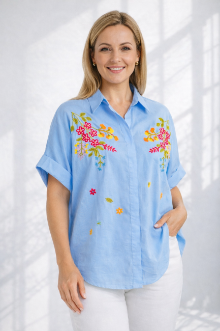 Koszula oversize plus size HAFTOWANA niebieska