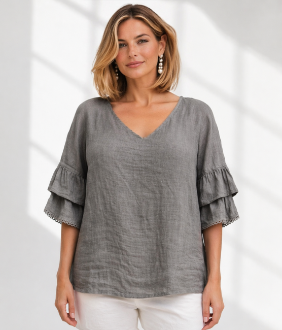 Lniana bluzka plus size oversize ROMANTYCZKA latte