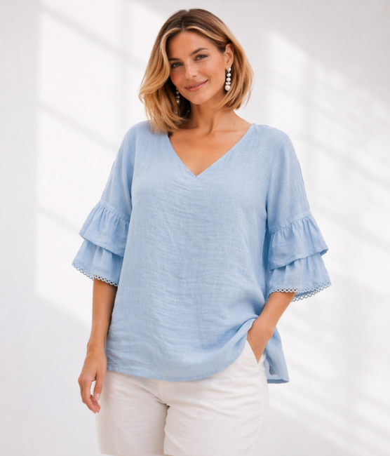 Lniana bluzka plus size oversize ROMANTYCZKA błękitna