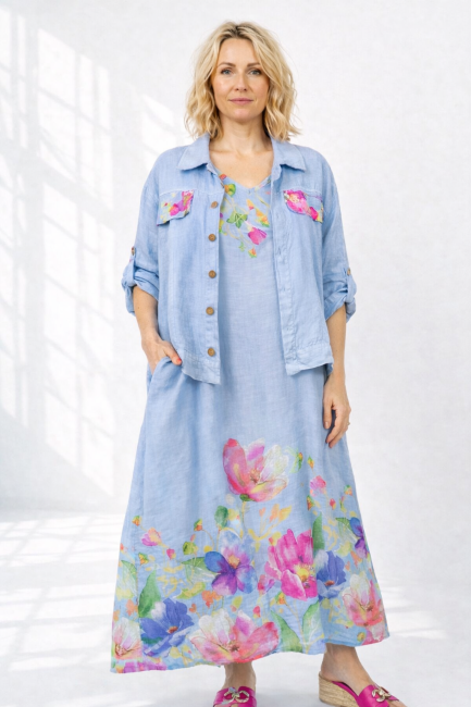 Lniany komplet plus size KWIATY błękitny