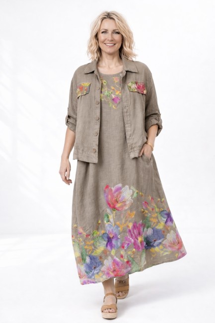 Lniany komplet plus size KWIATY latte