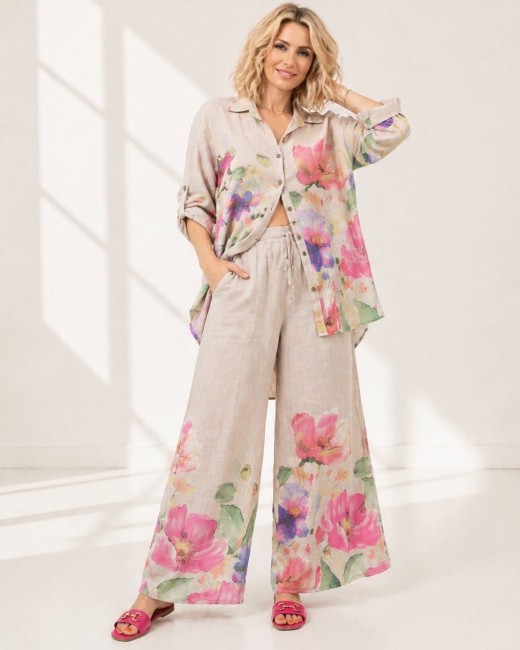 Lniany komplet plus size KWIATY beżowy