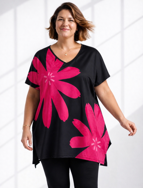 ULUBIONA  wiskozowa tunika plus size KWIATY czarna 