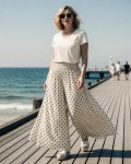 Zwiewne wiskozowe spodnie plus size  GROCHY śmietankowe