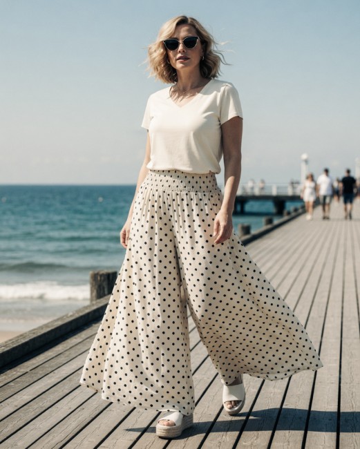 Zwiewne wiskozowe spodnie plus size  GROCHY śmietankowe