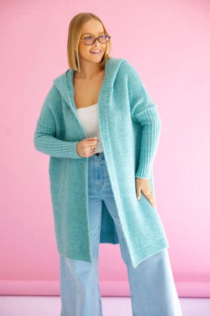 Oversizowy kardigan sweter z wełną EMMA turkusowy