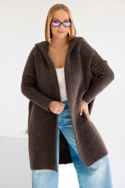 Oversizowy kardigan sweter z wełną EMMA brązowy 