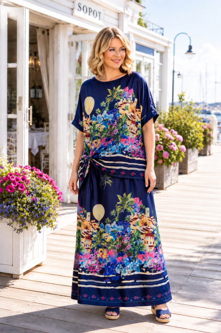 Satynowy komplet plus size granatowy