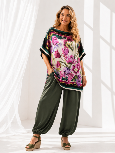 Zwiewne satynowe  spodnie plus size HAREMKI khaki