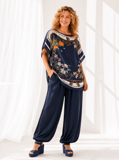 Zwiewne satynowe  spodnie plus size HAREMKI granatowe 