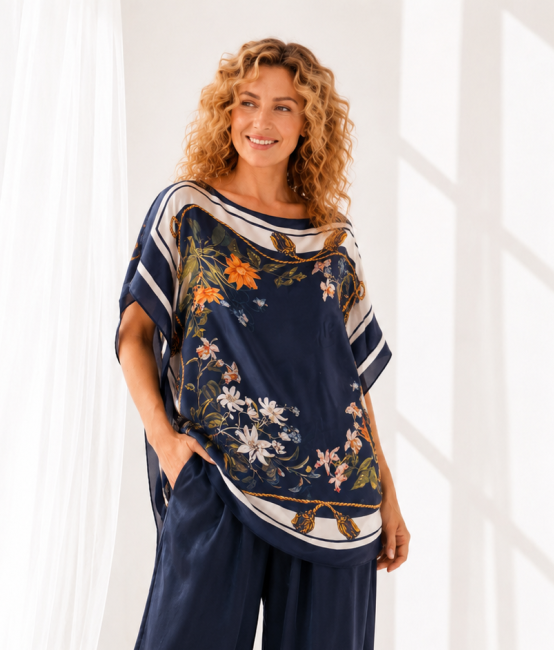 Tunika plus size oversize JEDWABNA POEZJA granatowa