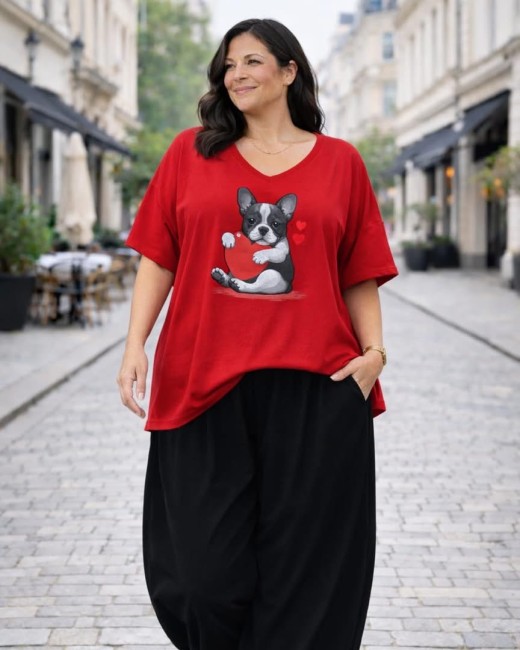 Bawełniana tunika plus size ROMANTYCZNY BULDOG czerwona