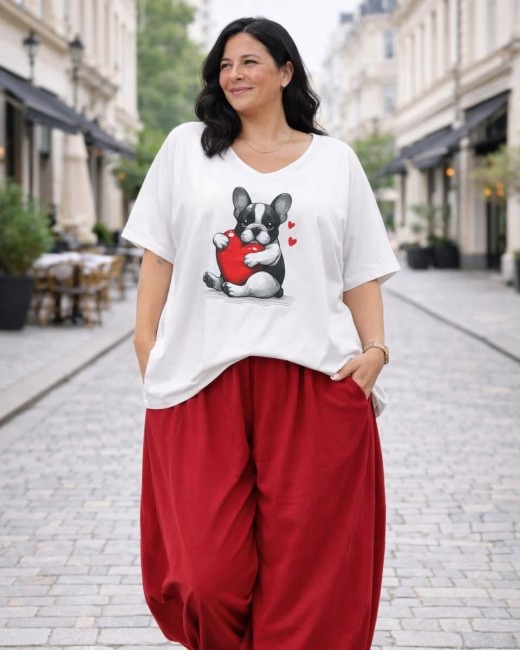 Bawełniana tunika plus size ROMANTYCZNY BULDOG biała