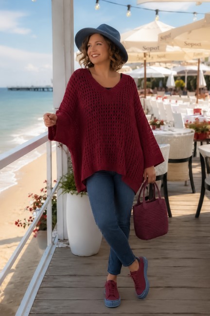 Tunika oversize plus size AŻURKA bordowa