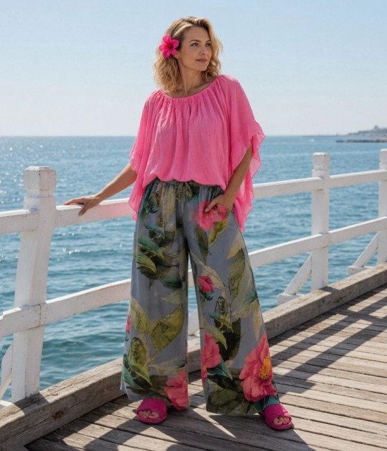 Zwiewne wiskozowe spodnie oversize plus size KWIATY jeansowe
