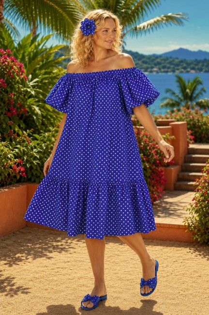 Bawełniana sukienka plus size oversize KROPECZKOWA niebieska
