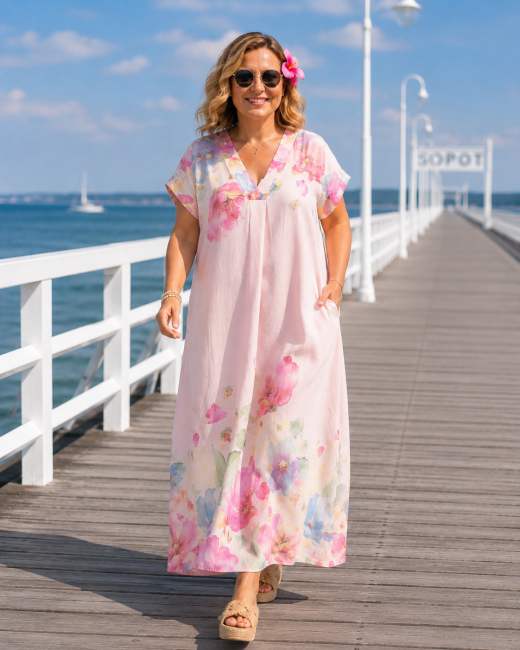 Sukienka plus size oversize LETNIA MUZA pudrowa