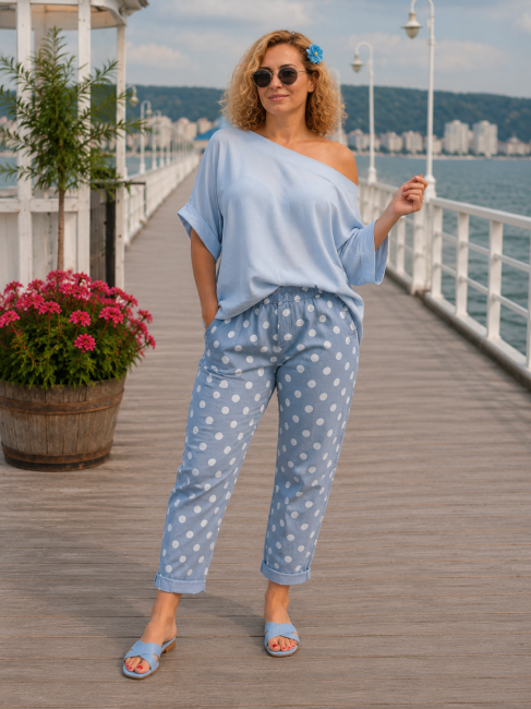 Elastyczne  spodnie plus size KROPKOWIAKI  niebieskie