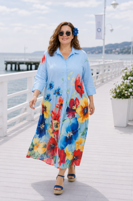 Wiskozowa sukienka plus size KWIATY błękitna 