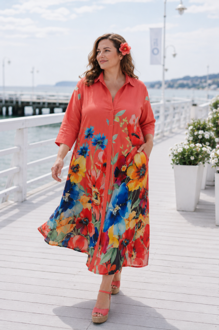 Wiskozowa sukienka plus size KWIATY koralowa 