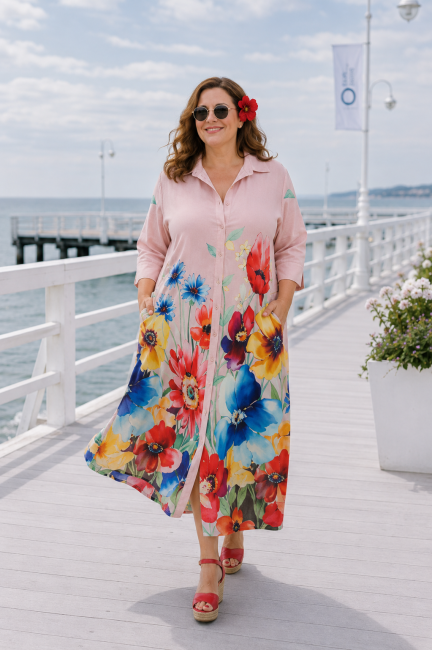 Wiskozowa sukienka plus size KWIATY pudrowa 