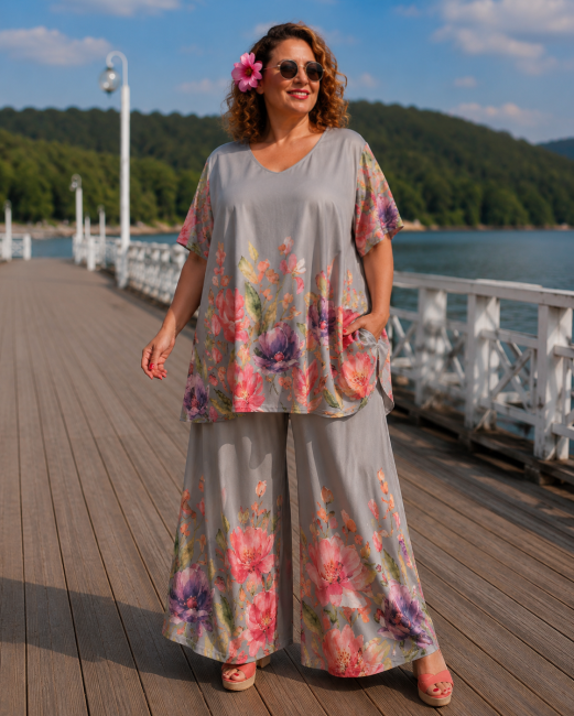 Komplet spodnie i tunika plus size ROMANTELLO szary