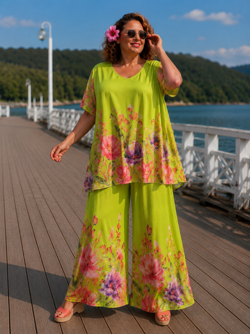 Komplet spodnie i tunika plus size ROMANTELLO limonka
