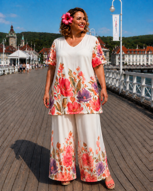 Komplet spodnie i tunika plus size ROMANTELLO biały