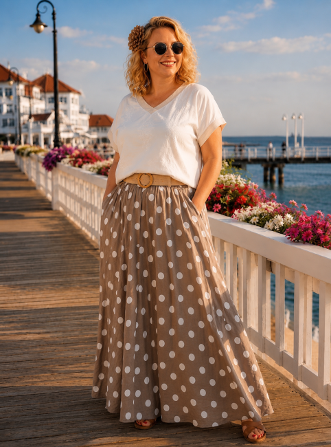 Spódnica oversize plus size UŚMIECHULA latte białe grochy 