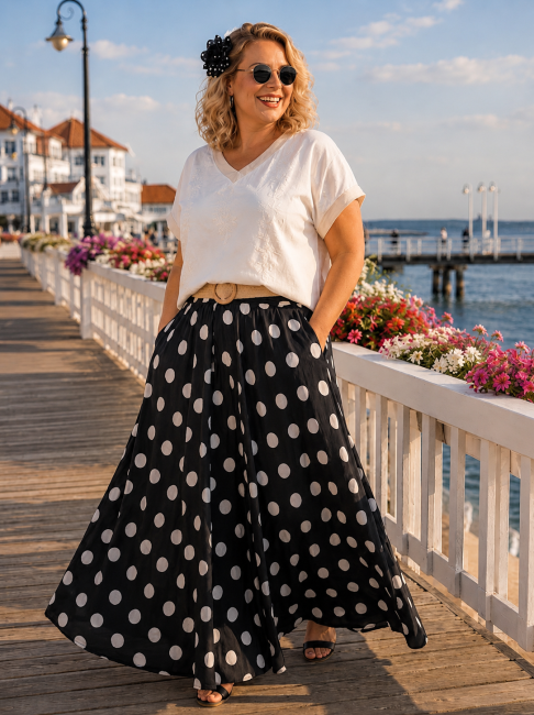 Spódnica oversize plus size UŚMIECHULA czarna białe grochy