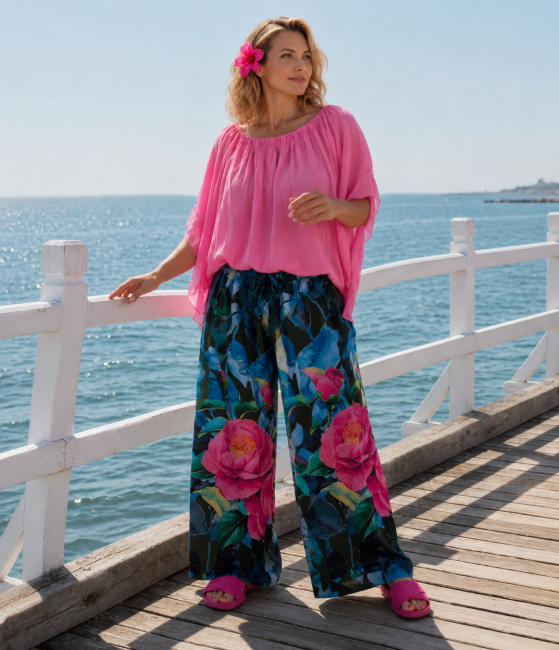 Zwiewne wiskozowe spodnie oversize plus size KWIATY ciemna oliwka