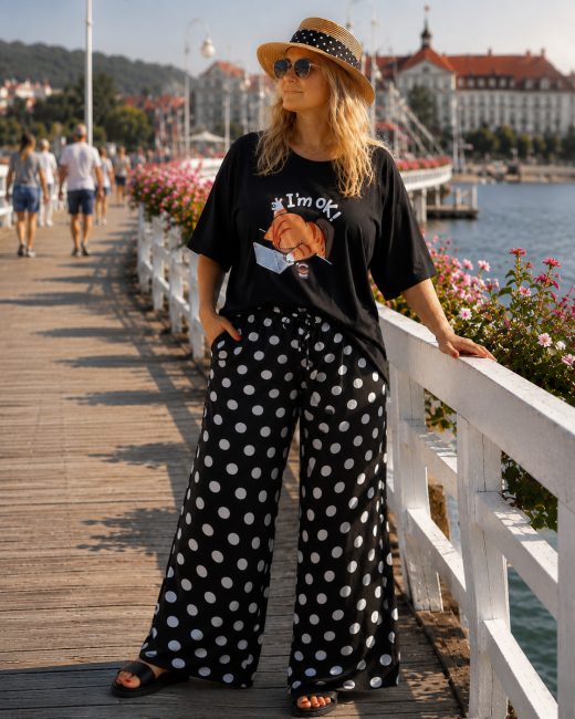 Wiskozowe spodnie plus size PALAZZO KROPKI czarne