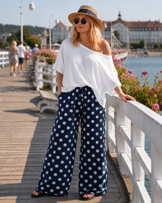 Wiskozowe spodnie plus size PALAZZO KROPKI granatowe