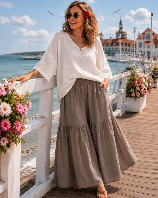 Bawełniane spodnie plus size oversize FALBANIARY latte