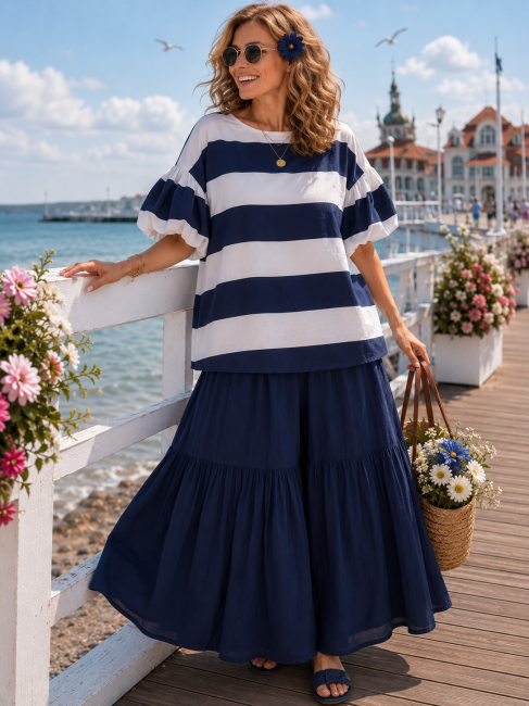 Bawełniane spodnie plus size oversize FALBANIARY granatowe