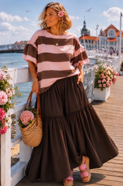 Bawełniana tunika plus size oversize BUFINKA różowo brązowa