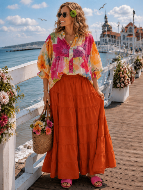 Bawełniana spódnica plus size FALBANIARA ceglana