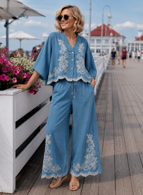 Komplet  oversize HAFTOWANY jeansowy