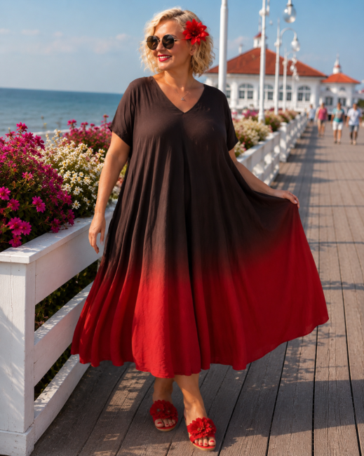 Zwiewna sukienka  plus size OMBRE czerwono brązowa