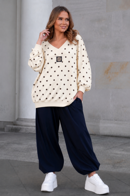 VIVA V - bawełniana bluza oversize/plus size waniliowa grochy  