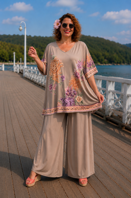 LUNARIO - Komplet spodnie i tunika plus size latte